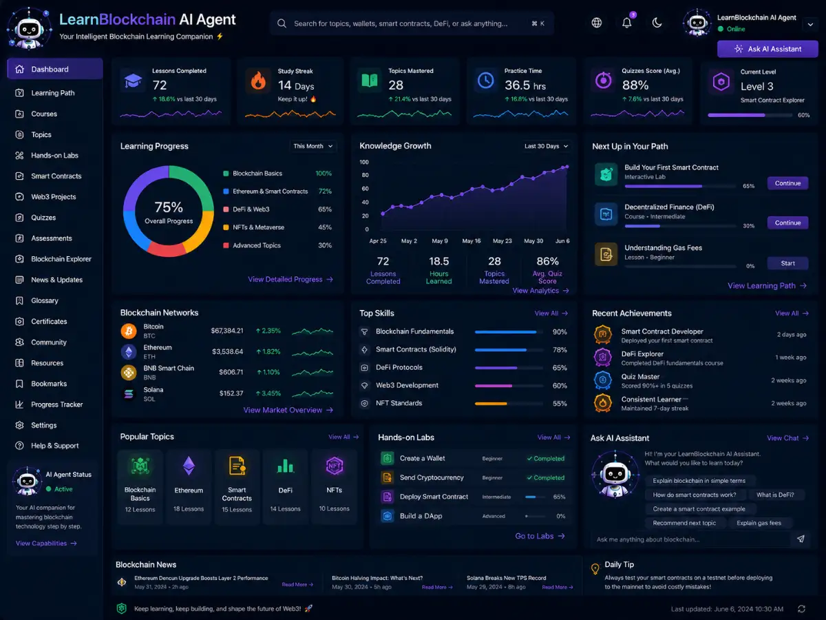 learnblockchain.app AI blockchain tutor app — lesson dashboard preview